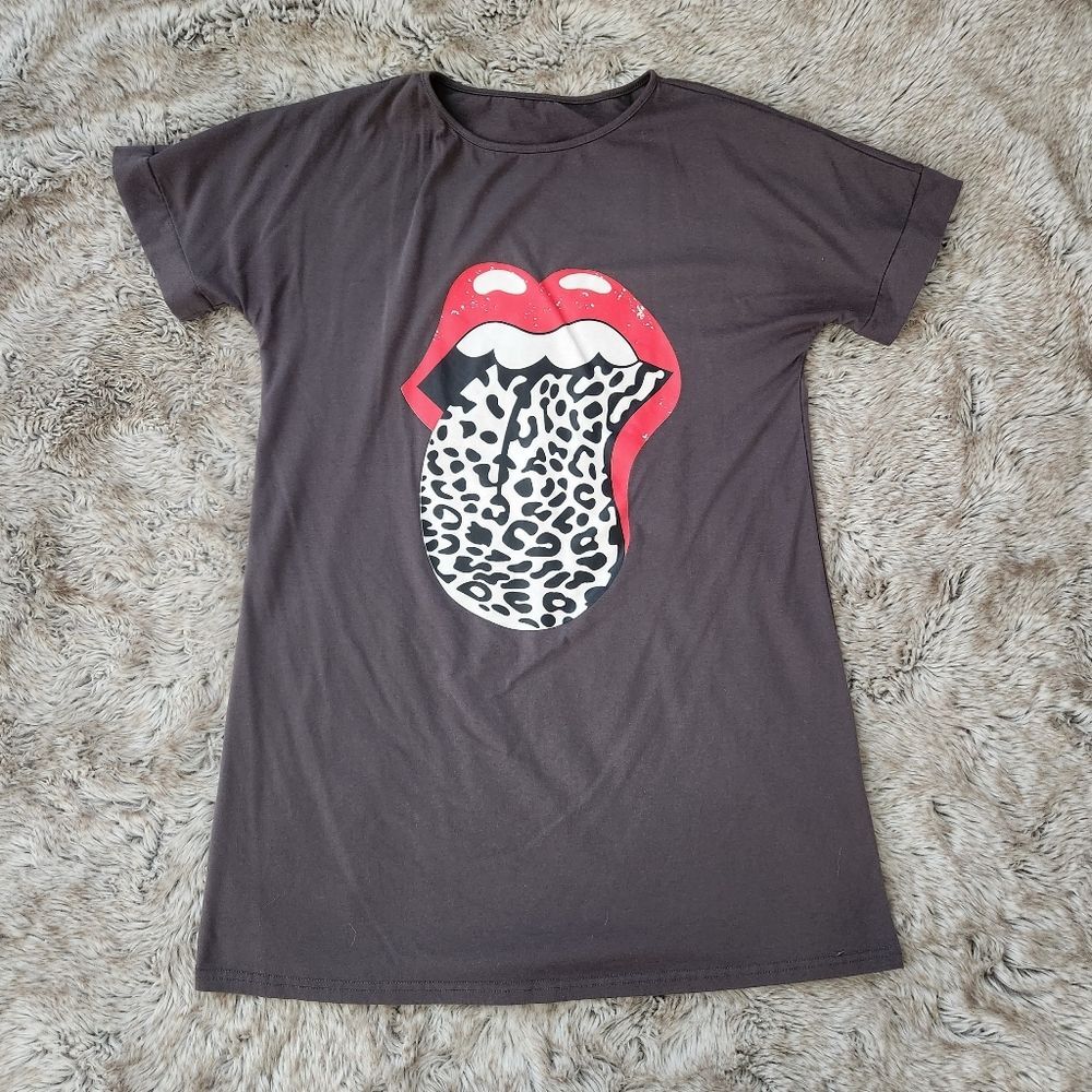 Rolling Stones Leopard Print Tongue Unbranded T-shirt Dress‎ Gray Size Medium